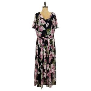ALEXA B Nites Draped Neck Maxi 20W Floral Mesh Lined Short Sleeve Evening EUC A2